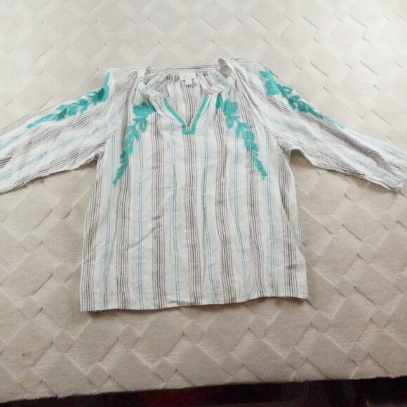 J.Jill Love Linen Blouse Womens Medium Striped Multi Color Embroidered - Picture 1 of 8